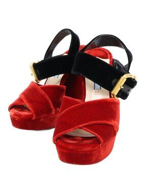 Prada Velvet Ankle Strap Chunky Heel Sandals 36 Red Black